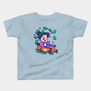 Cute Rich Girl With Money Cartoon Kids T-Shirt